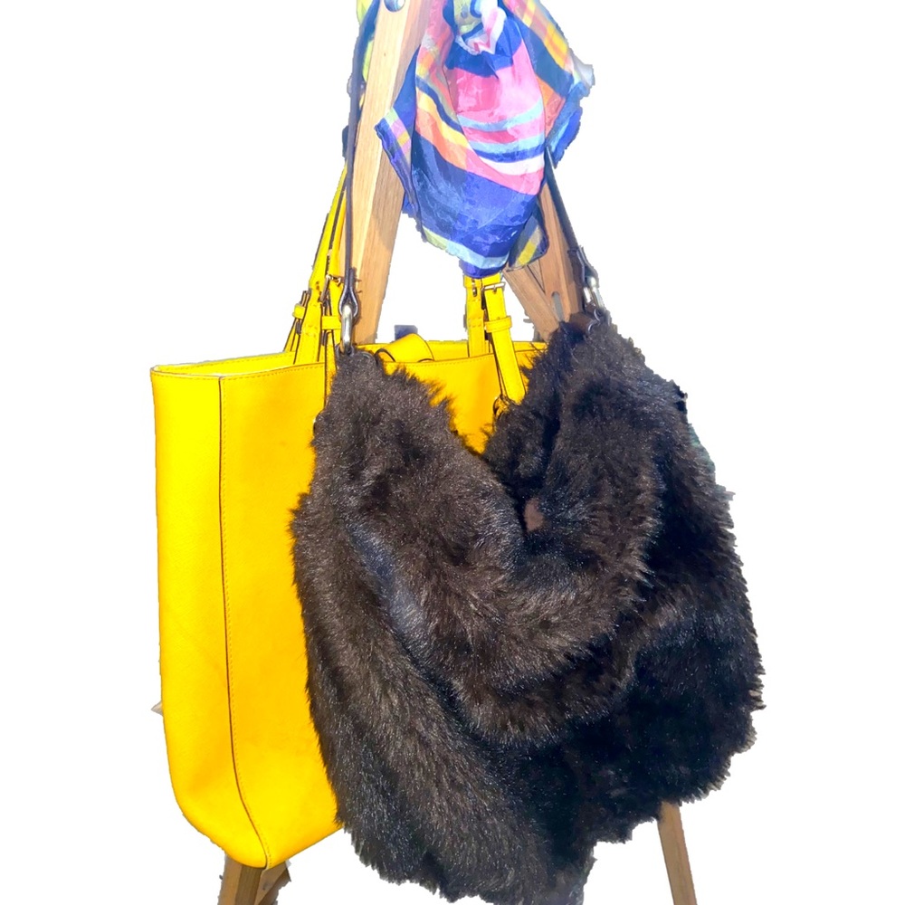 VTG RARE - Large Dark Brown Faux Fur & Leather Shoulder Bag - Picture 2 of 12
